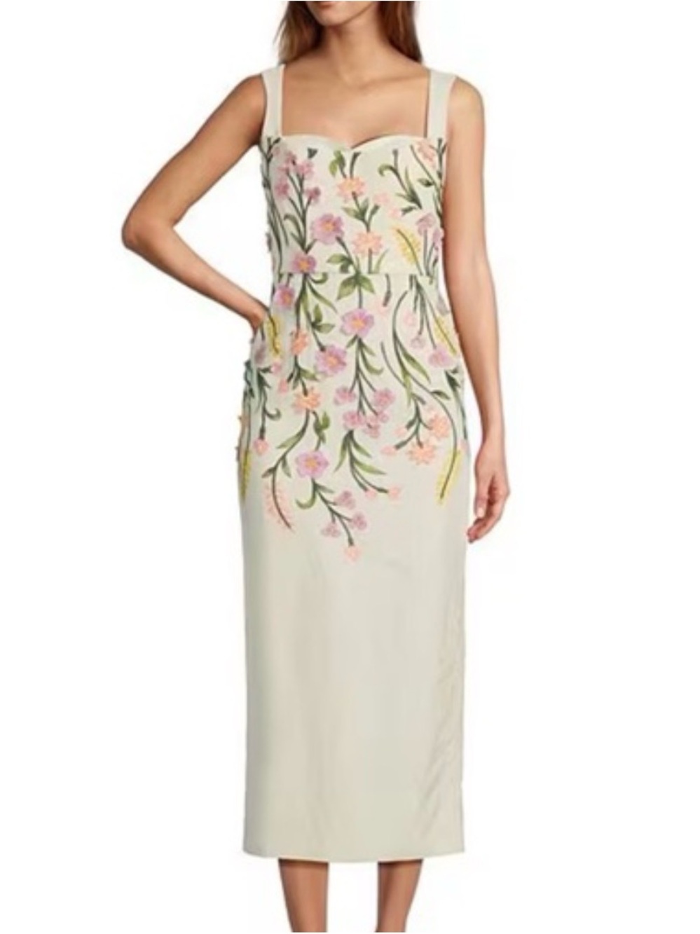 ANTONIO MELANI Cream Midi Dress with Pink Floral Embroidery